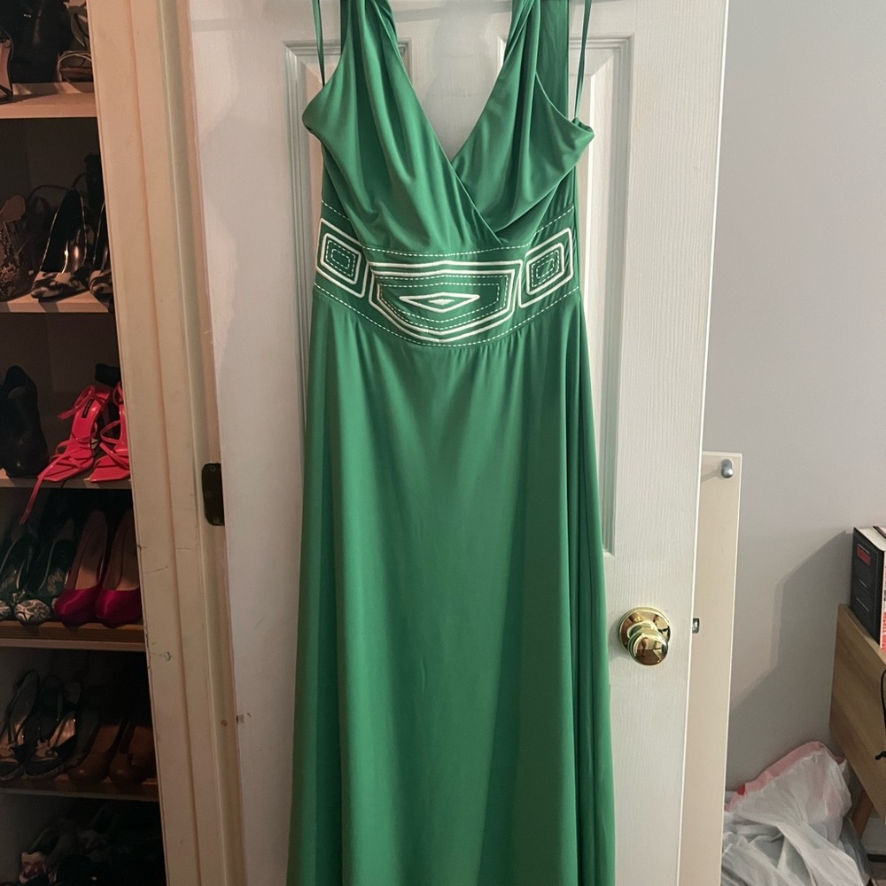 White House Black Market Green Halter Dress with Geometric Waist